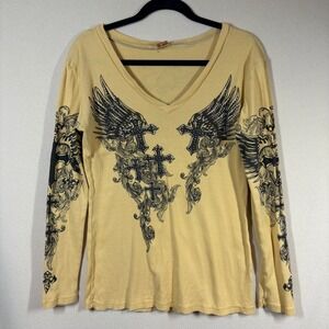 VTG Y2K R. Rouge Ribbed Top Sz L Yellow Rhinestone Angel Wing Cross Grunge Goth